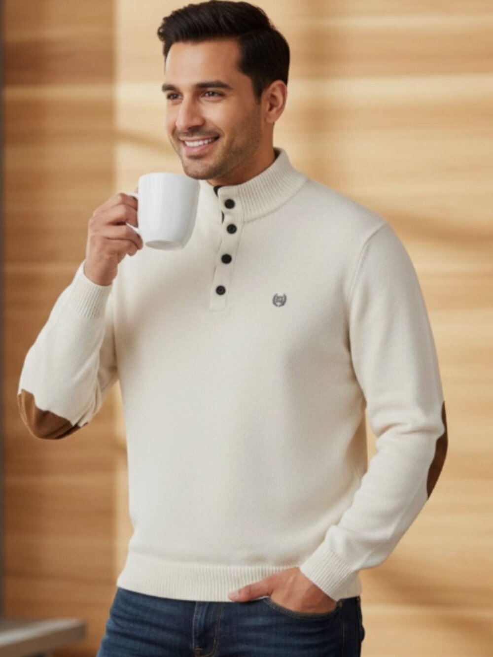 Chaps Men’s XXL Cotton Mock Neck Sweater Cream Elbow Patches Button Pullover